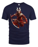 Epic Samurai Demon Warrior Battle Stance Graphic Tee Shirt - navy t-shirt on white background