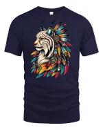 Majestic Tribal Lynx Spirit Feather Art Graphic T-Shirt Tee - navy t-shirt on white background