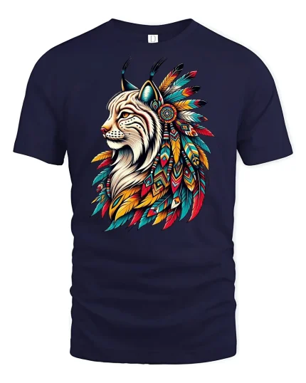 Majestic Tribal Lynx Spirit Feather Art Graphic T-Shirt Tee - navy t-shirt on white background