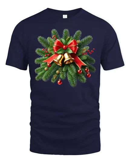 Festive Bells and Holiday Pine Branch Christmas Decor Tee - navy t-shirt on white background