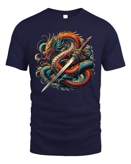 Epic Dragon Warrior Sword Battle Art Graphic T-Shirt Tee - navy t-shirt on white background