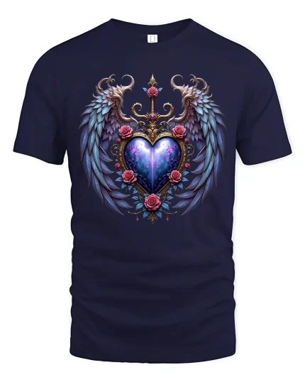Celestial Heart Wings Tee with Roses and Cosmic Glow Art - navy t-shirt on white background
