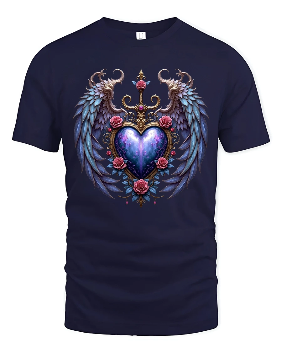 Celestial Heart Wings Tee with Roses and Cosmic Glow Art - 1 Celestial Heart Wings Tee with Roses and Cosmic Glow Art - navy t-shirt on white background