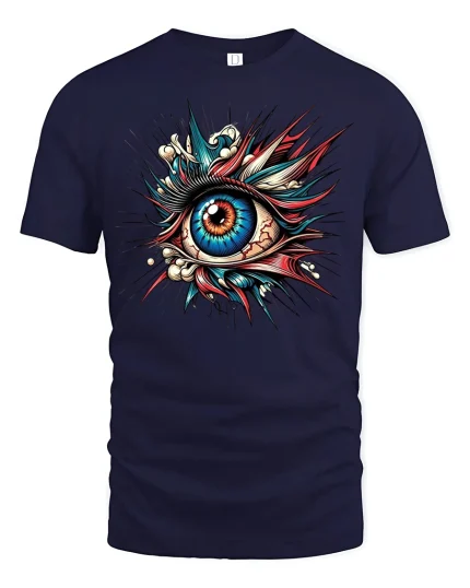Exploding Vision Art Tee - Colorful Surreal Eye Graphic Tshirt - navy t-shirt on white background