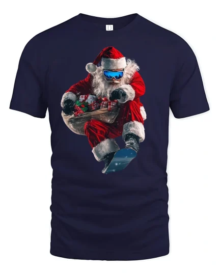Extreme Snowboarding Santa Tee for Fun Holiday Style - navy t-shirt on white background