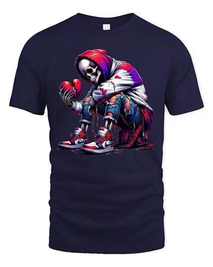 Heartbroken Skeleton Streetwear Tee for Urban Style Lovers - navy t-shirt on white background