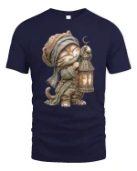 Whimsical Lantern Cat Fantasy Adventure Art Tee Shirt - navy t-shirt on white background