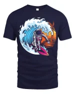 Cosmic Wave Rider Astronaut Surfing Adventure Graphic Tee - navy t-shirt on white background