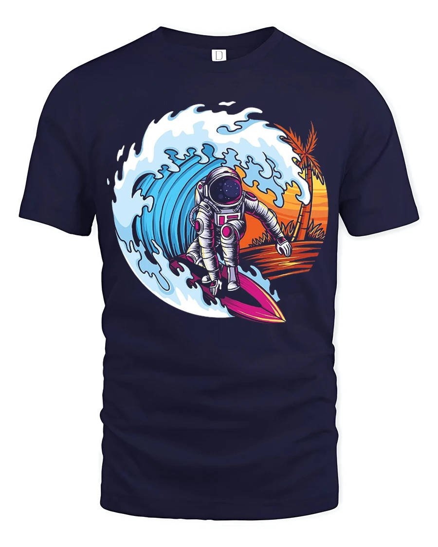 Cosmic Wave Rider Astronaut Surfing Adventure Graphic Tee - 1 Cosmic Wave Rider Astronaut Surfing Adventure Graphic Tee - navy t-shirt on white background
