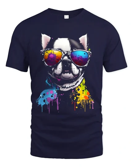 Color Splash Cool Dog Tee with Retro Sunglasses Vibe - navy t-shirt on white background