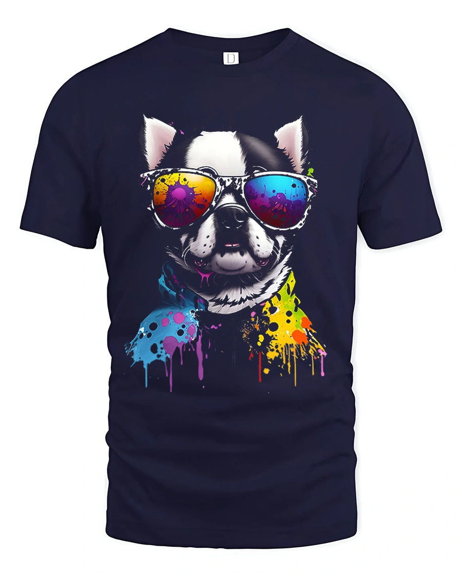 Color Splash Cool Dog Tee with Retro Sunglasses Vibe - 1 Color Splash Cool Dog Tee with Retro Sunglasses Vibe - navy t-shirt on white background