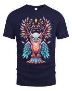 Mystic Antlered Owl Spirit Tee with Glowing Fantasy Art Design - navy t-shirt on white background