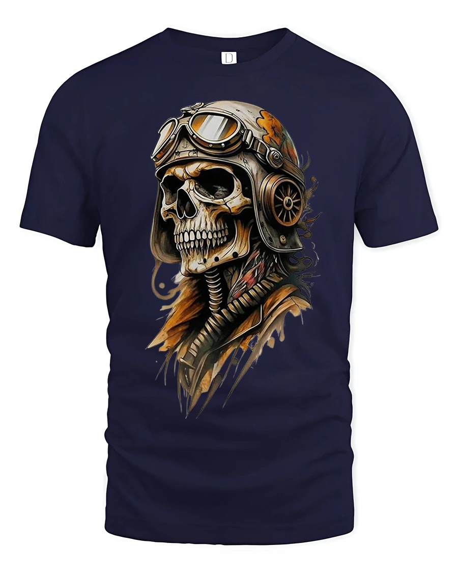 Aviator Skull Pilot Tee with Vintage Steampunk Helmet Art - 1 Aviator Skull Pilot Tee with Vintage Steampunk Helmet Art - navy t-shirt on white background