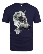 Mystic Forest Wolf Silhouette Art Tee for Nature Lovers - navy t-shirt on white background