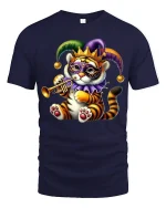 Cute Mardi Gras Tiger Playing Trumpet Festive Carnival T-Shirt - navy t-shirt on white background