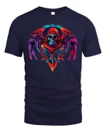 Vibrant Neon Skull Angel Wings Dark Fantasy Graphic T-Shirt - navy t-shirt on white background