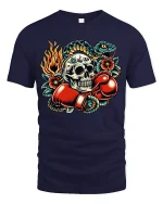Skull Boxer Strike Tee with Fiery Snake Tattoo Art Style - navy t-shirt on white background