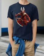 Epic Samurai Demon Warrior Battle Stance Graphic Tee Shirt - model wearing navy tee with hands in pockets