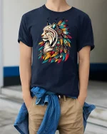 Majestic Tribal Lynx Spirit Feather Art Graphic T-Shirt Tee - model wearing navy tee with hands in pockets