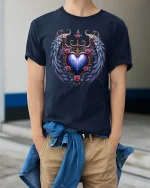 Celestial Heart Wings Tee with Roses and Cosmic Glow Art - model wearing navy tee with hands in pockets