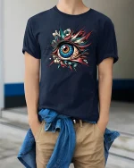Exploding Vision Art Tee - Colorful Surreal Eye Graphic Tshirt - model wearing navy tee with hands in pockets