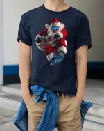 Extreme Snowboarding Santa Tee for Fun Holiday Style - model wearing navy tee with hands in pockets