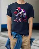 Heartbroken Skeleton Streetwear Tee for Urban Style Lovers - model wearing navy tee with hands in pockets