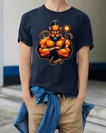 Powerful Muscular Genie Character Bold Fantasy Graphic T-Shirt - model wearing navy tee with hands in pockets