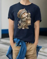 Whimsical Lantern Cat Fantasy Adventure Art Tee Shirt - model wearing navy tee with hands in pockets