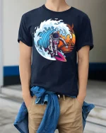 Cosmic Wave Rider Astronaut Surfing Adventure Graphic Tee - model wearing navy tee with hands in pockets