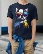 Color Splash Cool Dog Tee with Retro Sunglasses Vibe - model wearing navy tee with hands in pockets