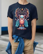 Mystic Antlered Owl Spirit Tee with Glowing Fantasy Art Design - model wearing navy tee with hands in pockets