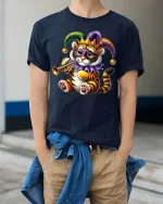 Cute Mardi Gras Tiger Playing Trumpet Festive Carnival T-Shirt - model wearing navy tee with hands in pockets