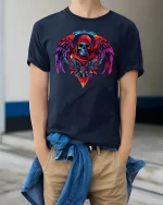 Vibrant Neon Skull Angel Wings Dark Fantasy Graphic T-Shirt - model wearing navy tee with hands in pockets
