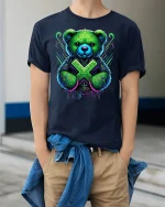 Neon Tribal Boxing Bear Graphic Tee for Bold Style Lovers - model wearing navy tee with hands in pockets