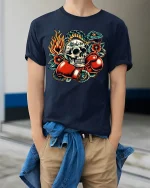 Skull Boxer Strike Tee with Fiery Snake Tattoo Art Style - model wearing navy tee with hands in pockets