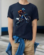 Extreme Motocross Rider Jump Graphic Tee for Dirt Fans - model wearing navy tee with hands in pockets