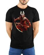 Epic Samurai Demon Warrior Battle Stance Graphic Tee Shirt - model wearing black tee with hands behind back