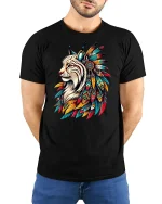 Majestic Tribal Lynx Spirit Feather Art Graphic T-Shirt Tee - model wearing black tee with hands behind back