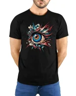Exploding Vision Art Tee - Colorful Surreal Eye Graphic Tshirt - model wearing black tee with hands behind back