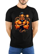 Powerful Muscular Genie Character Bold Fantasy Graphic T-Shirt - model wearing black tee with hands behind back