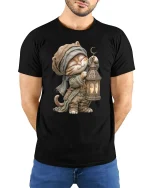 Whimsical Lantern Cat Fantasy Adventure Art Tee Shirt - model wearing black tee with hands behind back