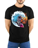 Cosmic Wave Rider Astronaut Surfing Adventure Graphic Tee - model wearing black tee with hands behind back