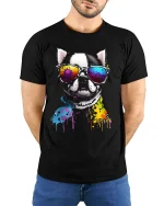 Color Splash Cool Dog Tee with Retro Sunglasses Vibe - model wearing black tee with hands behind back