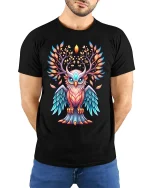 Mystic Antlered Owl Spirit Tee with Glowing Fantasy Art Design - model wearing black tee with hands behind back