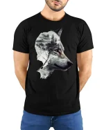 Mystic Forest Wolf Silhouette Art Tee for Nature Lovers - model wearing black tee with hands behind back