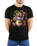 Cute Mardi Gras Tiger Playing Trumpet Festive Carnival T-Shirt - model wearing black tee with hands behind back
