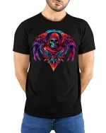Vibrant Neon Skull Angel Wings Dark Fantasy Graphic T-Shirt - model wearing black tee with hands behind back