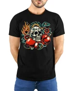 Skull Boxer Strike Tee with Fiery Snake Tattoo Art Style - model wearing black tee with hands behind back