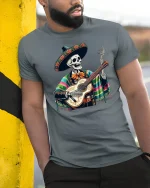 Mexican Skeleton Guitarist Art Tee for Day of the Dead Fans - model wearing grey tee, leaning on column